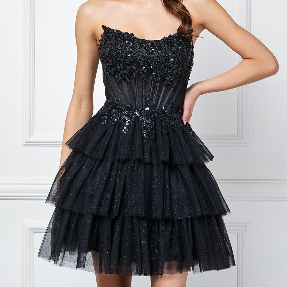 New Strapless Mini Fit & Flare Dress w/ Floral Lace & Sequins Embroidery AC9066S